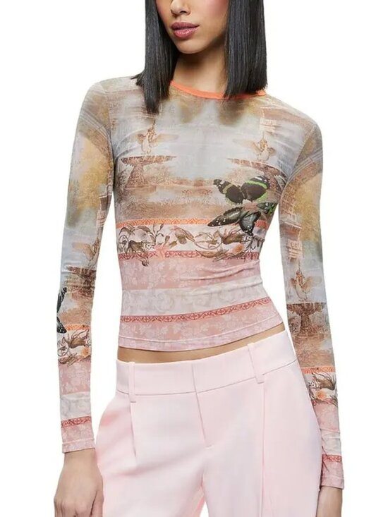Alice + Olivia Tops - Alice + Olivia Sheer Long Sleeve Print Top with Orange Trim